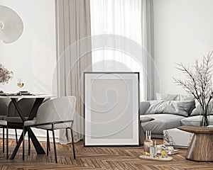 Frame mockup, ISO A paper size. Living room wall poster mockup. Interior mockup with house background. Modern interior design.