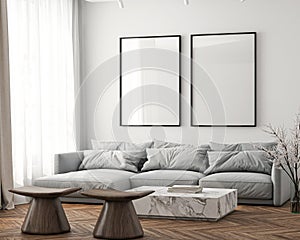 Frame mockup, ISO A paper size. Living room wall poster mockup. Interior mockup with house background. Modern interior design.