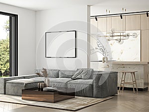 Frame mockup, ISO A paper size. Living room wall poster mockup. Interior mockup with house background. Modern interior design.