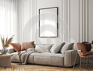 Frame mockup, ISO A paper size. Living room wall poster mockup. Interior mockup with house background. Modern interior design.