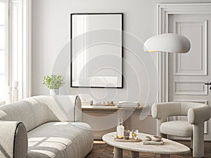 Frame mockup, ISO A paper size. Living room wall poster mockup. Interior mockup with house background. Modern interior design.