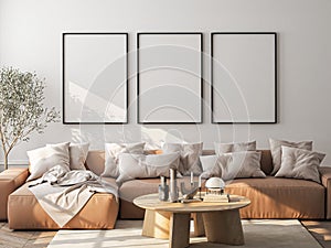 Frame mockup, ISO A paper size. Living room wall poster mockup. Interior mockup with house background. Modern interior design.