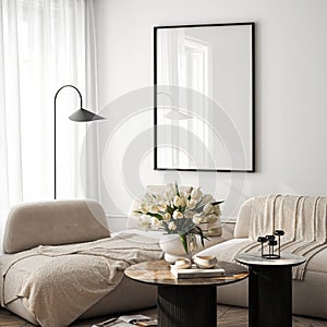 Frame mockup, ISO A paper size. Living room wall poster mockup. Interior mockup with house background. Modern interior design.