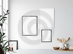 Frame mockup. Kitchen interior wall mockup. Wall art. 3d rendering, 3d illustration.