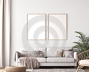 Frame mockup in living room design, two wooden frames in Scandinavian interior photo