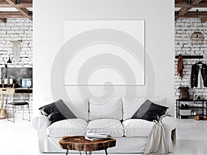 Frame mockup. Living room interior wall mockup. Wall art. 3d rendering, 3d illustration.