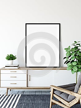 Frame mockup. Living room interior wall mockup. Wall art. 3d rendering, 3d illustration.