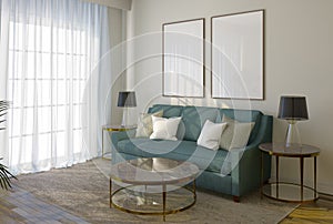 Frame mockup, Living room wall poster mockup. Interior mockup with white background. Modern interior design. 3D rendering