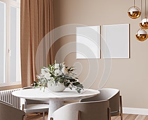 Frame mockup in luxury dining room design, bright beige interior apartment