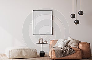 Frame mockup in modern living room design, brown leather sofa with black home accessories on white minimal background
