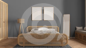 Frame mockup, modern wooden bedroom with rattan furniture in gray tones, double bed with duvet and pillows, carpet, mirror, lamp