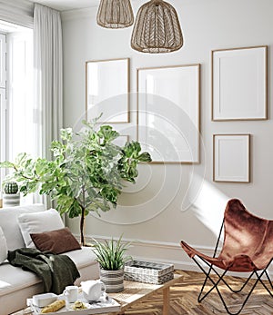 Frame mockup in Nordic living room interior background