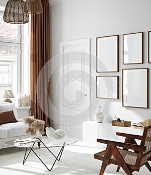 Frame mockup in Nordic living room interior background