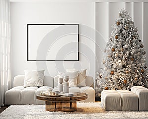 Frame mockup, A paper size. Living room wall poster. Interior with house background and Christmas tree decoration. 3D render