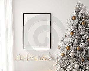 Frame mockup, A paper size. Living room wall poster. Interior with house background and Christmas tree decoration. 3D render