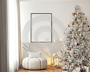 Frame mockup, A paper size. Living room wall poster. Interior with house background and Christmas tree decoration. 3D render