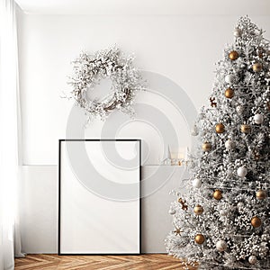 Frame mockup, A paper size. Living room wall poster. Interior with house background and Christmas tree decoration. 3D render