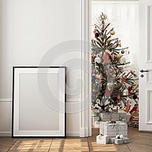 Frame mockup, A paper size. Living room wall poster. Interior with house background and Christmas tree decoration. 3D render