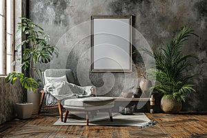 Frame mockup picture on concrete grungy wall in living room, front view. Minimalist interior with wood floor, poster, armchair and