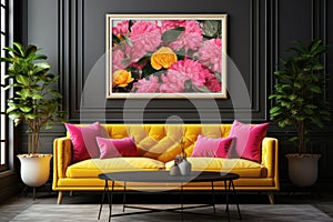 Frame mockup picture on dark wall and vintage sofa, home interior design