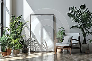Frame mockup picture on floor near white wall in living room, minimalist Scandinavian interior with blank poster and green plants