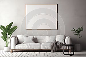 Frame mockup picture in home interior, white couch against white wall