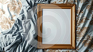 Frame mockup picture lying on bed, top view, detail of bedroom interior with white blank poster, luxury linen and sheet. Concept