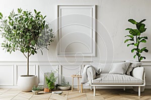 Frame mockup picture on white wall in minimalist living room, Scandinavian interior with blank poster, green plants and couch.