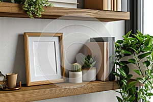 Frame mockup picture on wooden book shelf, detail of modern room interior with white blank poster and green plants. Concept of