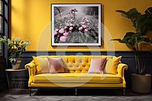 Frame mockup poster on yellow wall, classic sofa in room interior design