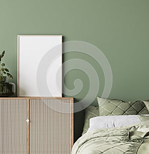 Frame mockup in Scandinavian Bedroom, simple calm design in green color