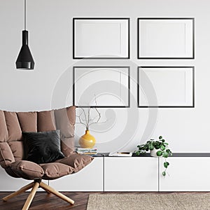 Frame mockup in scandinavian interior. Interior mockup. 3d rendering, 3d illustration
