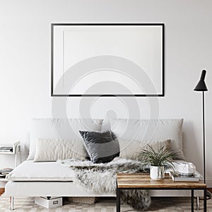 Frame mockup in scandinavian interior. Interior mockup. 3d rendering, 3d illustration