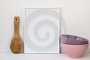 Frame mockup on white background, colorful ceramic bowls, wood spoon, styled image for social media