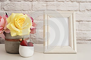 Frame Mockup. White Frame Mock Up. Cream Picture Frame, Vase With Pink Roses, Strawberries In Gold Bowl. Product Frame Mockup. Wal