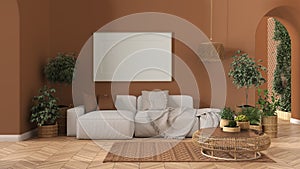 Frame mockup, wooden nordic living room in orange tones with parquet and arched walls, sofa, carpet, lamp, rattan table, potted