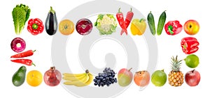 Frame from multi-colored vegetables and fruits isolated on white