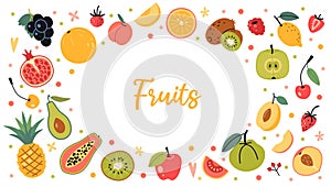 Frame with natural tropical fruit in cartoon style. Healthy eating, fresh food. Trendy modern vector illustration