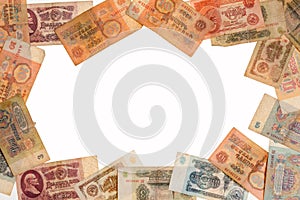 Frame of old soviet banknotes on white background