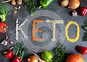 Frame of organic products: lentils, oatmeal, beans, millet on a dark gray background. Keto word made from ketogenic food. Keto,