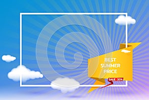 Frame with origami banner and clouds, on radial rays background. 3d template for promotion, banner, presentation. Vector