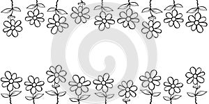 Frame from outline flowers in cartoon doodle. Vector hand drawn isolated. Horizontal top and bottom edging, border, decoration for