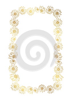 Frame with outline golden flowers chamomile or daisy on white background in doodle style