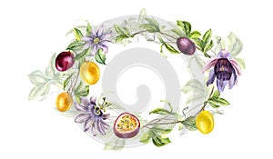 Frame of passion flower plant and fruits watercolor illustration isolated on white. Blue tropical plant, maracuja hand