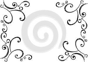Frame of patterns in each corner of the background. Pattern of curls of different sizes, gray color. White copy space.