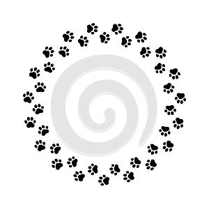 Frame paw pattern. Cute circle border dog or cat. Black footprint boarder isolated on white background. Mark animal frames. Silhou