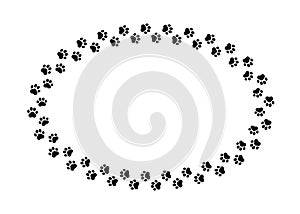 Frame paw pattern. Cute oval border dog or cat. Black footprint boarder isolated on white background. Mark animal frames