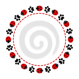 Round frame with paw prints and ladybugs