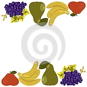 frame of pear, apple, banana branch and blue grapes illustration on a white background