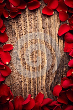 Frame of petals of red roses on wooden backdrop